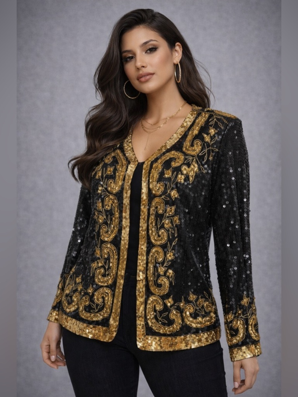 Vintage Jean for Joseph Le Bon Black & Gold silk Fully Sequined Jacket size M